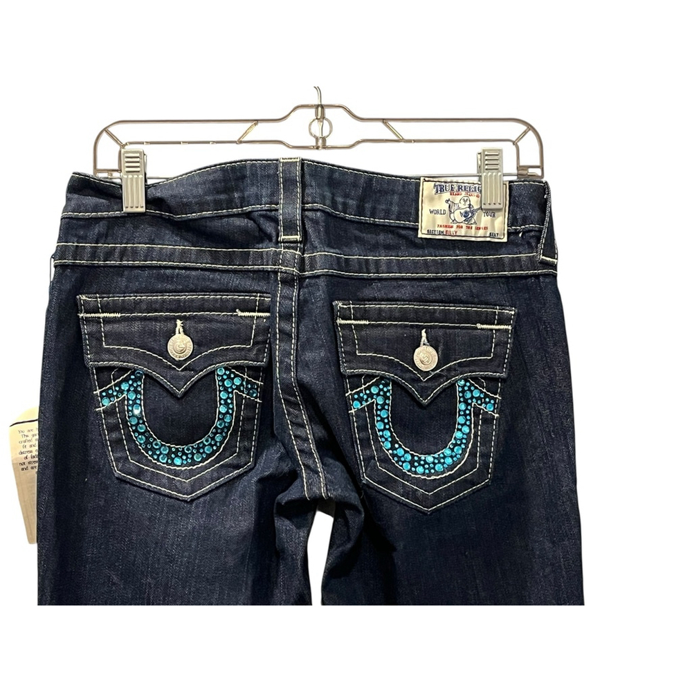 True Religion NWT Vintage Y2K Blue Bling Pocket Jeans Size 27 W32572L22 Women's